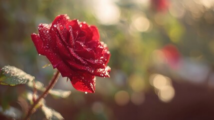 close up of a single red rose with dew, shallow depth of field, soft background