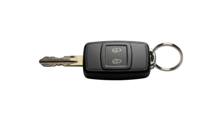 Car key with remote on black background, metal key ring attached to fob