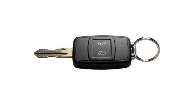 Car key with remote on black background, metal key ring attached to fob