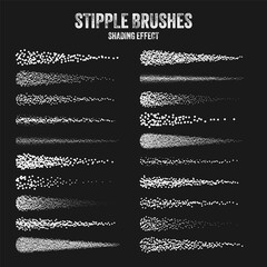 Ink scatter brush, stipple drawing and texturing. Fading gradient. Stippling, dotwork drawing, shading using dots. Halftone disintegration effect. White noise grainy texture. Vector illustration