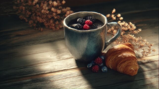 coffee cup with croissant and berries, rustic wooden table, soft sunlight, cozy and inviting, aromatic, textured ceramic, warm tones, cinematic - Powered by Adobe