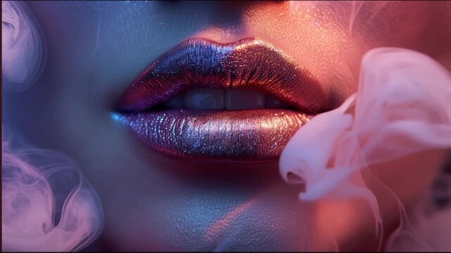Glamorous photo of a woman's lips with alluring makeup, emitting puffs of smoke or vapor against a backdrop of vivid blue and pink neon lights, evoking an enigmatic and seductive atmosphere