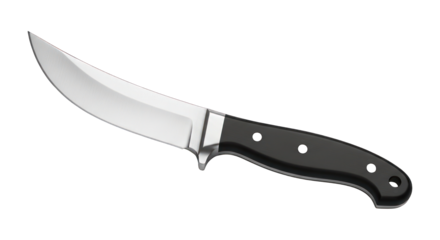 Curved, shiny knife with black handle on black background