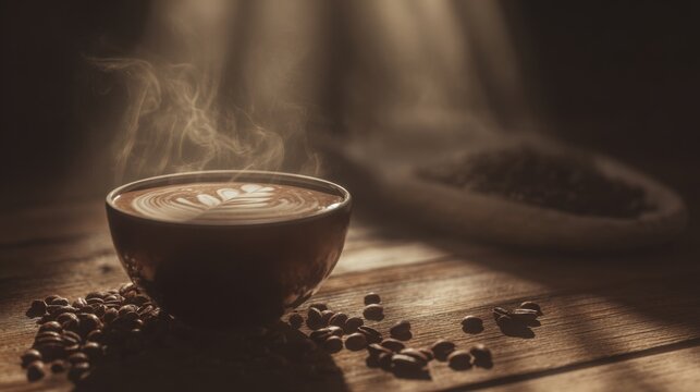 coffee, steaming cup, cozy atmosphere, soft morning light, wooden table, close up, latte art, warm tones, aromatic, textured background, beans - Powered by Adobe