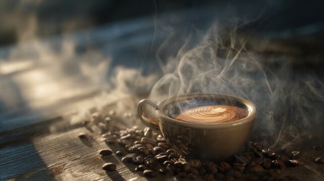 coffee, steaming cup, cozy atmosphere, soft morning light, wooden table, close up, latte art, warm tones, aromatic, textured background, beans