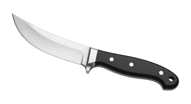 Curved, shiny knife with black handle on black background