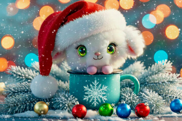 A kawaii 3D character of a fluffy white bunny in a Santa hat sits in a turquoise mug with a snowflake, surrounded by fir branches and Christmas tree baubles.