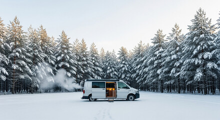 Camper in snowy forest with glowing interior lights during gentle snowfall, winter travel and adventure