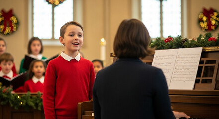 Child singing Christmas carol with choir teacher in church, joyful holiday music performance