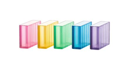 Five translucent colorful candy rectangles lined up against a black background