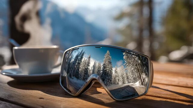 Ski goggles reflecting snowy landscape and steaming coffee cup on wooden table, showcasing winter ambiance, camera slowly zooms in for detail