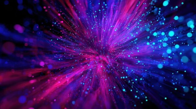 digital explosion of neon lights and glowing particles, vibrant magenta and cyan hues blending into futuristic abstract energy burst