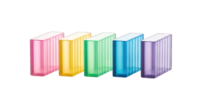 Five translucent colorful candy rectangles lined up against a black background - Powered by Adobe