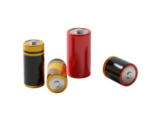 Four cylindrical batteries, red, yellow, and black, on black background
