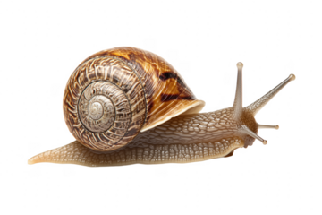 Brown spiral shell snail moving isolated on a transparent background