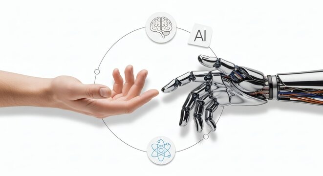 AI Touch Human  Robot Hand Connection with Intelligence Icons.