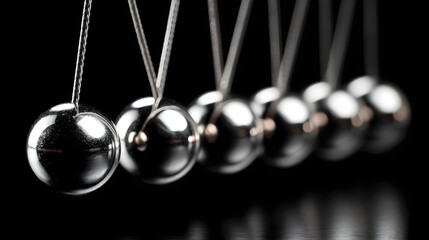 Row of polished metal spheres suspended by thin cords against a dark background