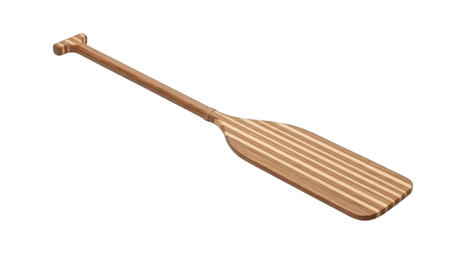Long wooden paddle with broad striped blade on black background