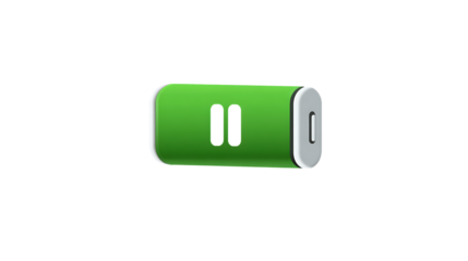 Green battery icon with pause symbol isolated on transparent background