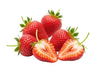 Group of vibrant red strawberries, one sliced to show the juicy interior