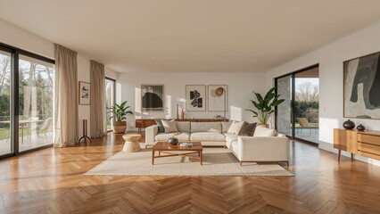 Fototapeta premium Spacious living room with large windows, light curtains, wooden flooring, modern furniture, and minimal decor. Bright and airy interior design.