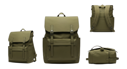 Olive-green backpack shown from four different angles