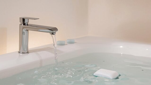A modern faucet with flowing water over a bathtub with soap and bubbles. Bathroom fixtures and accessories. The scene emphasizes cleanliness and relaxation.