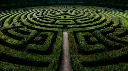 Naklejka premium Elaborate green hedge maze structure extends into the distance under shadowy light
