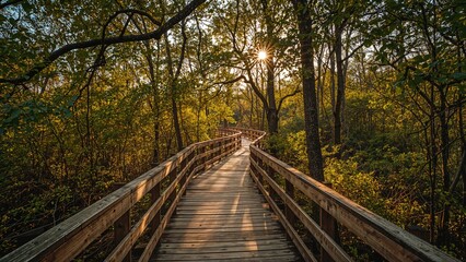 Wooden bridge in forest during sunset. Nature, walkway, and trees. The concept of outdoor exploration and serenity. Scenic nature walk.