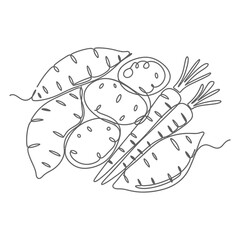 Continuous line drawing of fresh potatoes and carrots