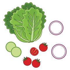 Fresh salad ingredients including lettuce, cucumber, tomato, onion, and croutons