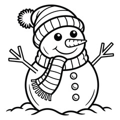 Cute cartoon snowman with striped scarf and winter hat smiling in snowy scene — black-and-white festive Christmas line art for coloring