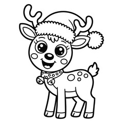 Cute cartoon reindeer in Santa hat with jingle bell collar — black-and-white festive Christmas line art for coloring and holiday design