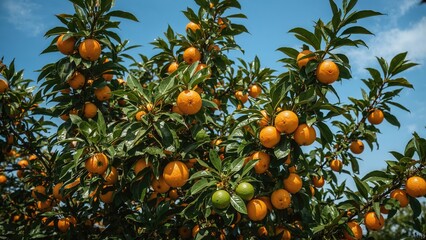 Orange trees with ripe and unripe fruit on a sunny day.