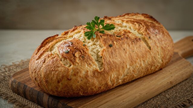 Fresh baked bread loaf on a wooden board with a sprig of parsley for garnish. - Powered by Adobe