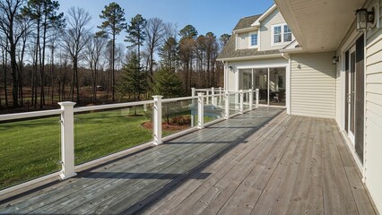 Outdoor deck area of a house with railing, overlooking a yard with trees and grass, in a residential setting.