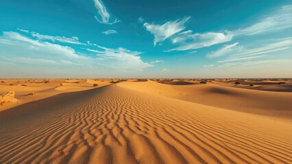 Desert landscape with sand dunes under a blue sky with clouds.