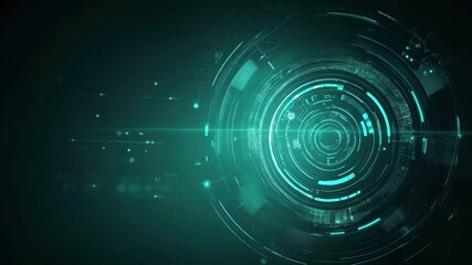 A hightech digital artwork featuring a central circular digital interface with glowing blue lights and intricate details. The background is a gradient of dark to light blue.