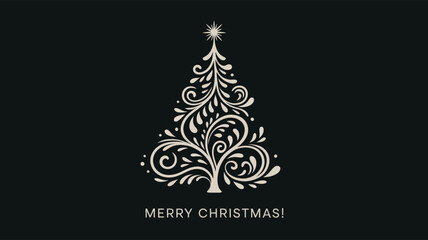 Elegant swirling Christmas tree design with star topper and “MERRY CHRISTMAS!” text on dark background — festive holiday vector artwork