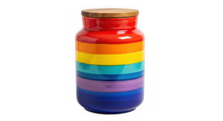 Rainbow striped jar with wooden lid isolated on transparent background