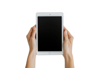 Hands holding white tablet device isolated on a transparent background