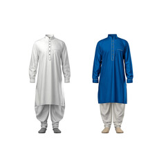 Men’s Traditional Panjabi Set – White and Blue Embroidered Panjabi with Pajama Isolated on White