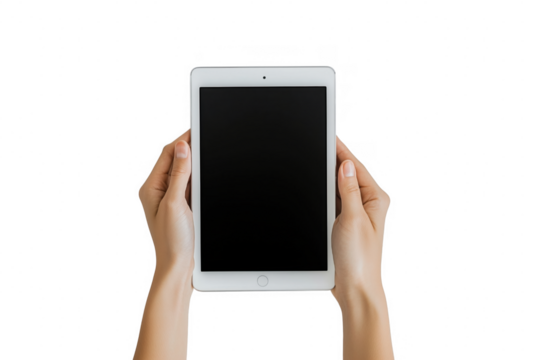 Hands holding white tablet device isolated on a transparent background
