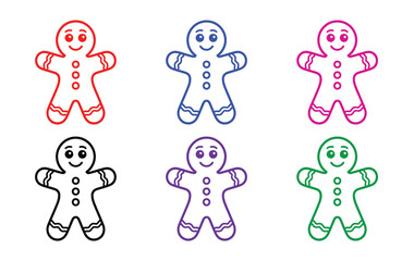 Colorful gingerbread man outlines in six festive shades with smiling faces and icing details — cheerful Christmas cookie vector set