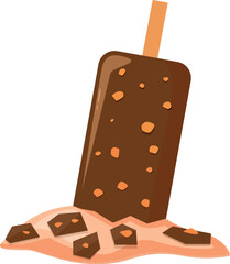 Delicious chocolate covered popsicle melting on a hot summer day, creating a sweet puddle
