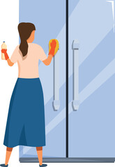 Woman wearing gloves cleaning refrigerator doors using disinfectant spray and sponge