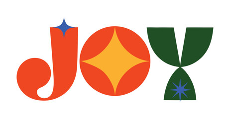 Colorful geometric typography spelling “JOY” with abstract shapes, stars, and bold design — festive, modern, and cheerful holiday concept