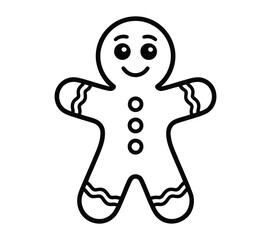 Cute gingerbread man black-and-white line drawing with smiling face, buttons, and wavy icing details — festive Christmas cookie outline