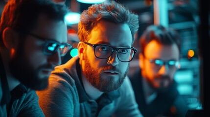 Group of focused men with glasses are analyzing data on computer screens in a dimly lit workspace, showcasing teamwork and technology in a modern environment