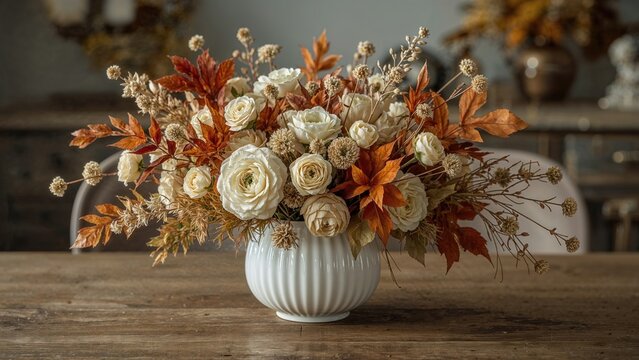 A floral arrangement with white roses, beige ranunculus, and autumn leaves in a white vase on a wooden table. - Powered by Adobe